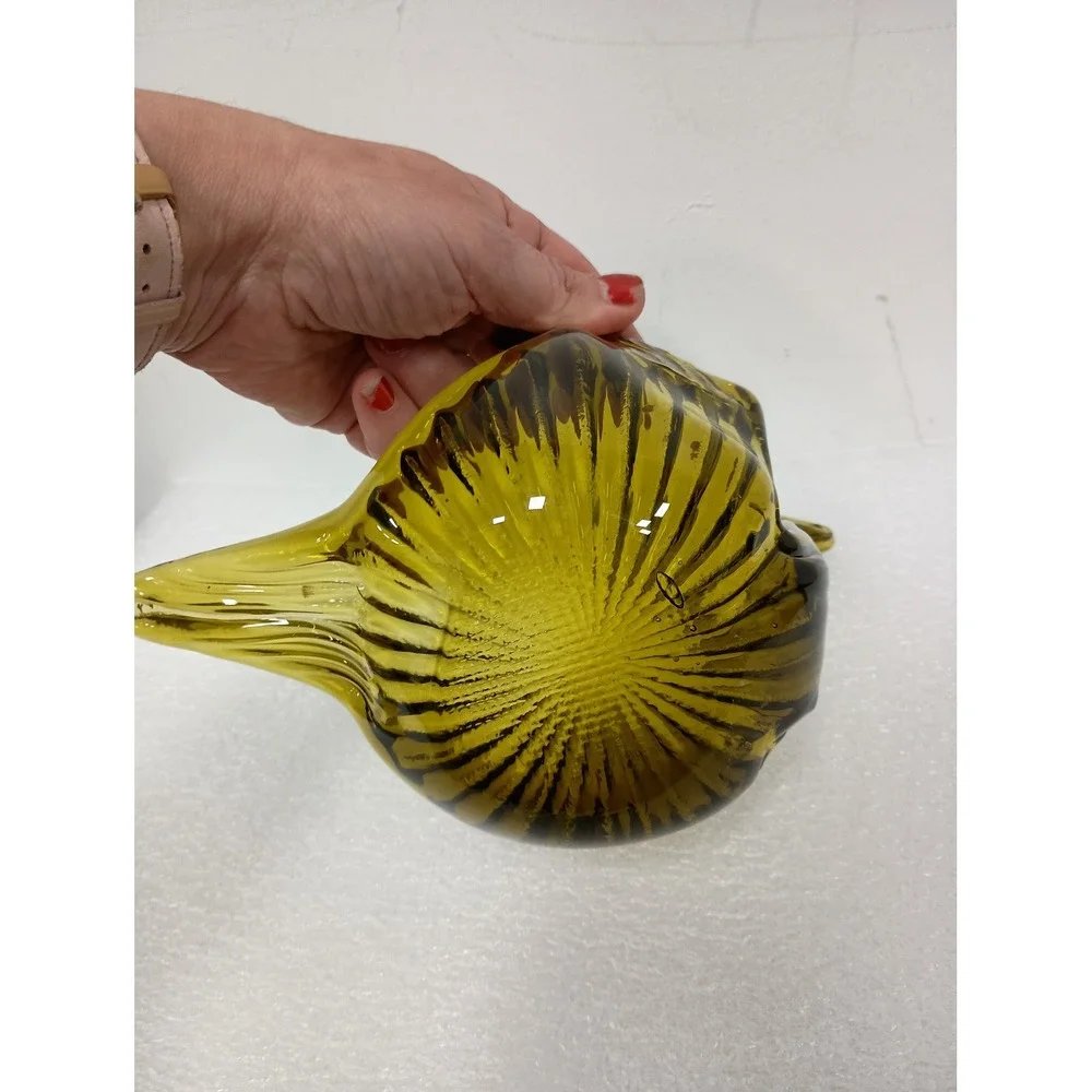Vintage Olive Green Art Glass Swan Bowl MCM Decor Ribbed Candy Dish